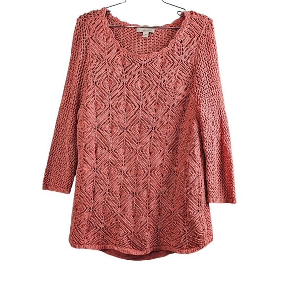💎Dressbarn Open Knit Crochet Lined Boho Dusty Rose Sweater - Picture 1 of 8